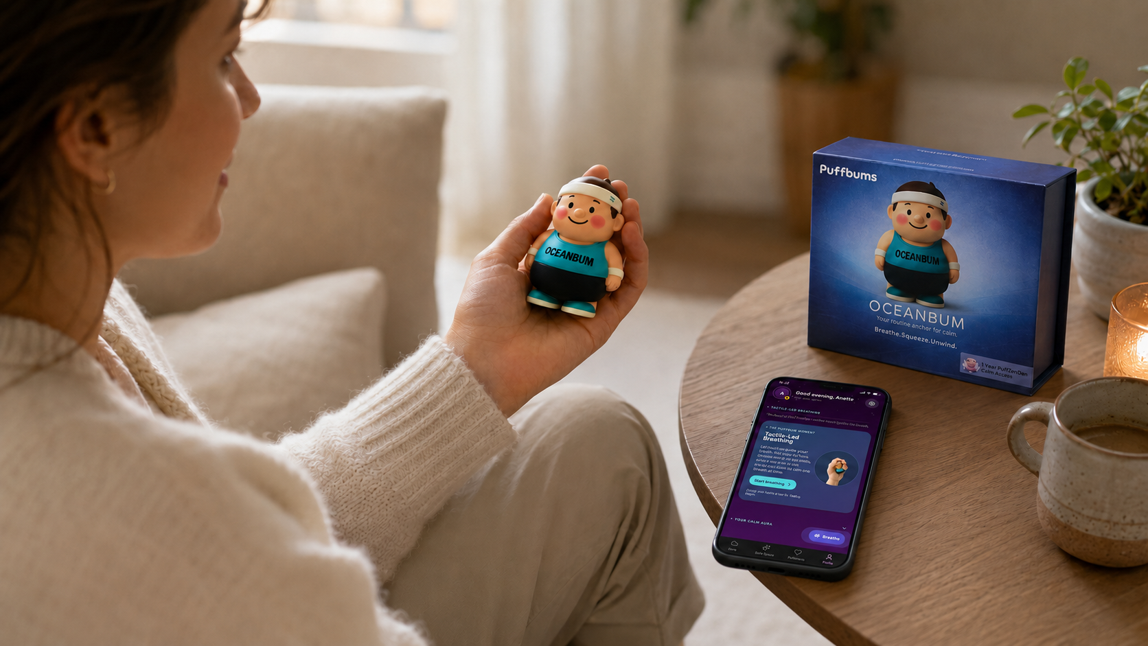 Lifestyle banner showing Oceanbum, its box, and the PuffZenDen app in a calm premium setting