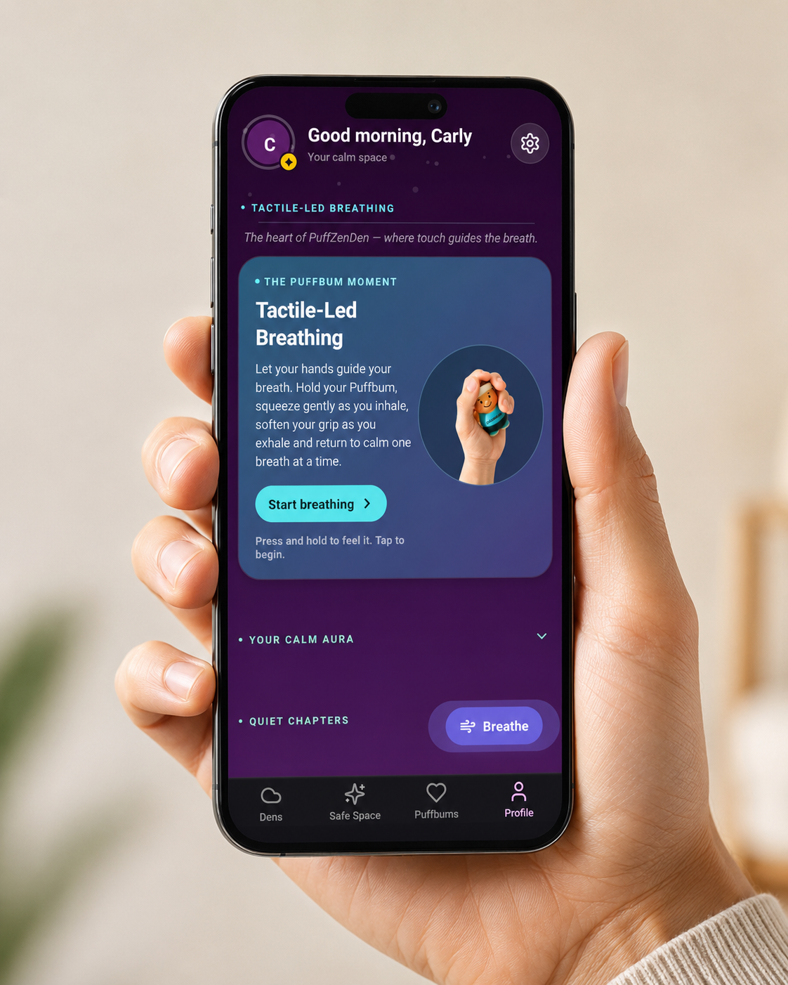 PuffZenDen app displayed on a phone screen